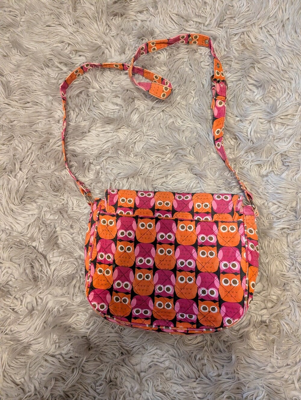 Vintage Yak Park Quilted Owl-Print Crossbody Bag in Pink & Orange
